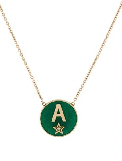 Pre-owned Andrea Fohrman Diamond "a" Enamel Pendant Necklace, 16.5" In Green