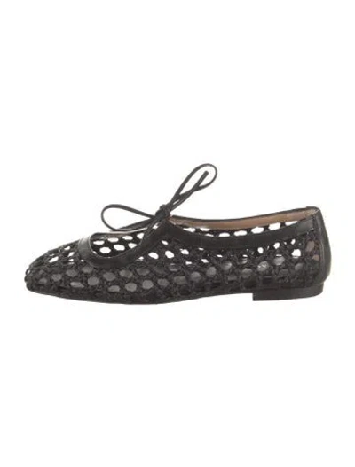 Pre-owned Andrea Gomez Straw Leather Trim Embellishment Flats In Black