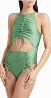 ANDREA IYAMAH DAHO RUCHED CUTOUT METALLIC SWIMSUIT IN LEAF GREEN
