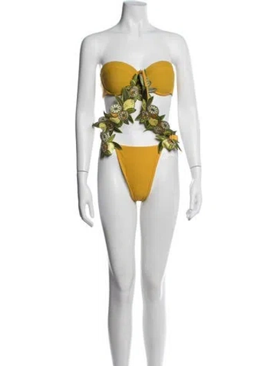 Pre-owned Andrea Iyamah Floral Print Embroidered Accent Bikini In Green