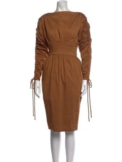 Pre-owned Andrea Iyamah Off-the-shoulder Knee-length Dress In Brown