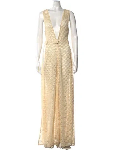 Pre-owned Andrea Iyamah Plunge Neckline Long Dress In Neutral