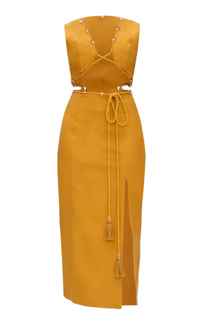 Andrea Iyamah Women's Vela Linen Beaded Rope Cutout Midi Dress In Yellow