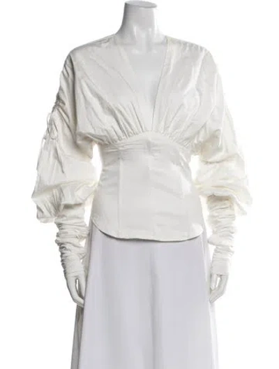Pre-owned Andrea Iyamah V-neck Long Sleeve Blouse In White
