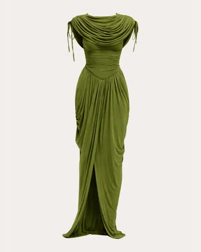 Andrea Iyamah Women's Katu Gathered Mesh Drop-waist Cape Maxi Dress In Green