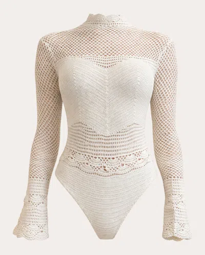 Andrea Iyamah Women's Muna Crocheted Mock Neck Bodysuit In White