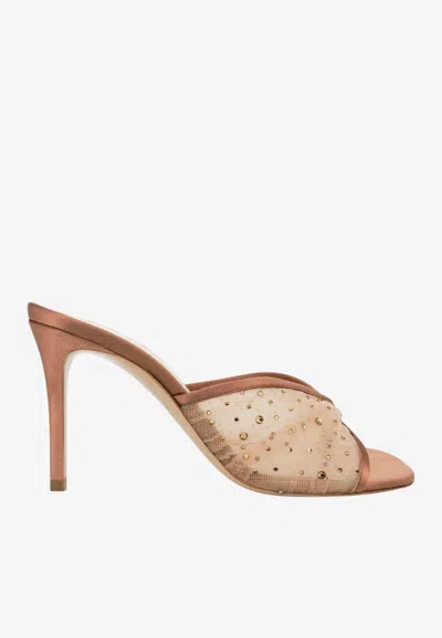 Andrea Wazen Astrid 85 Crystal Embellished Tulle Mules In Brown