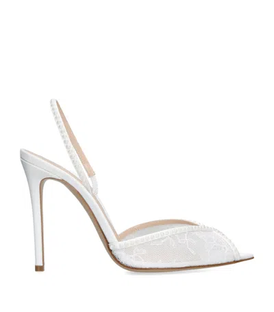 Andrea Wazen Embellished Lace Slingback Heels 105 In White