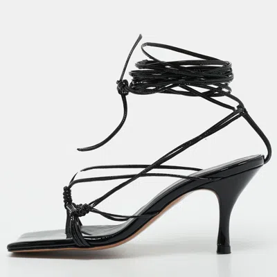 Pre-owned Andrea Wazen Gia Size 37 Black Patent Leather Ankle Strap Sandals