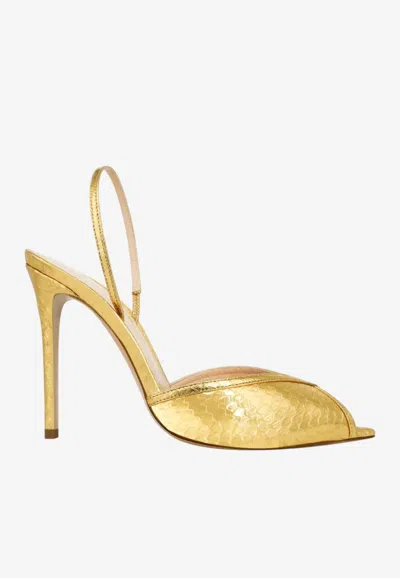 Andrea Wazen Katy 105 Watersnake Slingback Sandals In Metallic Elaphe Leather In Animal Print