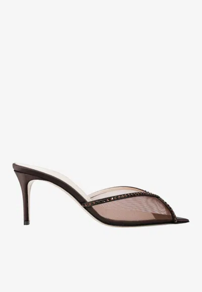 Andrea Wazen Katy 75 Embellished Mesh Mules In Brown