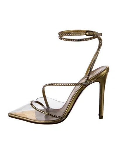 Pre-owned Andrea Wazen Leather Crystal Embellishments T-strap Pumps In Gold