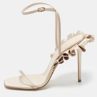 Pre-owned Andrea Wazen Rouches 105 Size 39 Cream Satin Ankle Strap Sandals