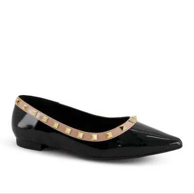 Andrea Women's Studded Flat Shoes In Black Patent Leather In Animal Print
