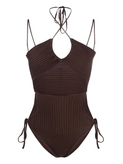 Andreädamo Andrea Adamo Halterneck-fastening Ribbed-knit Bodysuit In Brown