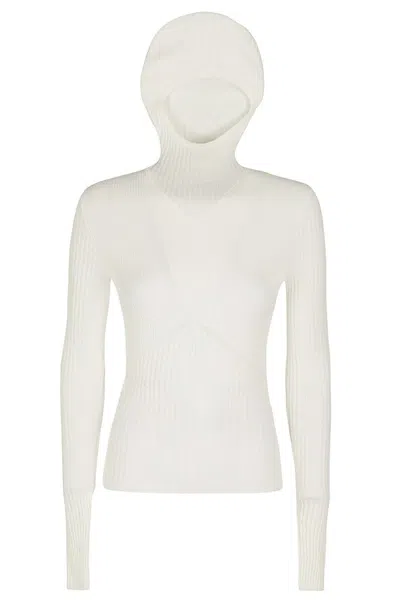 Andreädamo Andreâdamo Ivory Ribbed Knit Hoodie Top With High Neckline In Neutrals