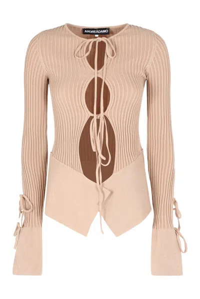 Andreädamo Andreādamo Long Sleeve Crop Top<br />ribbed Knit Top In Beige