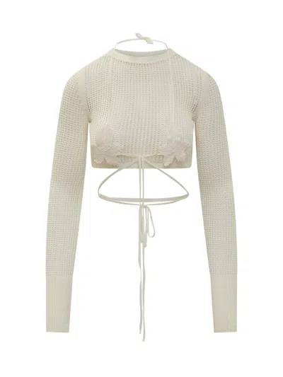 Andreädamo Fishnet Knit Crop Top With Cut-out And F In Beige