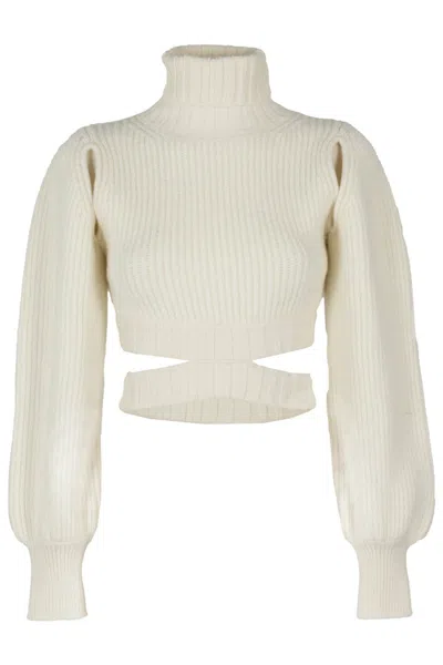 Andreädamo Andreâdamo Ribbed Crop Pullover With High Neck In Neutrals