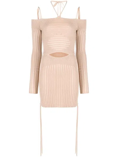 ANDREÄDAMO BEIGE KNIT RIBBED MINI DRESS
