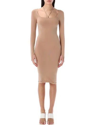 ANDREÄDAMO WOMEN BEIGE SCULPTING JERSEY MIDI DRESS, XXS/XS LUXURY DRESSES FOR WOMEN DARVEYS