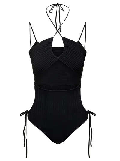 Andreädamo Black Ribbed Body-suit With Cut-out Detail And Halterneck In Viscose Blend Woman