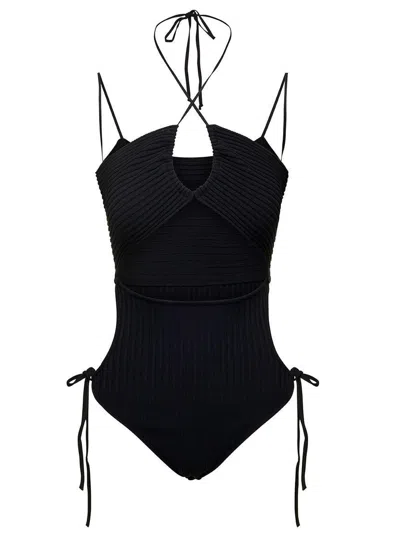 Andreädamo Black Ribbed Body-suit With Cut-out Detail And Halterneck In Viscose Blend Woman