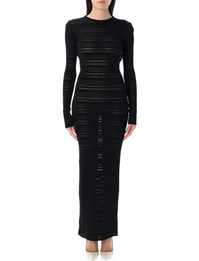 ANDREÄDAMO BLACK STRIPED SHEER KNIT LONG DRESS
