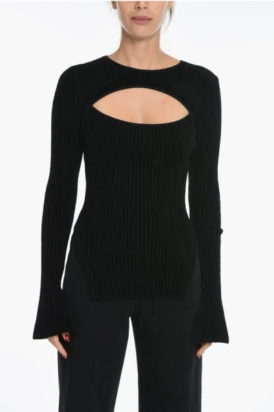Andreädamo Corduroy Crew-neck Sweater With Cut-out Detail In Black
