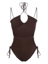 Andreädamo Halterneck-fastening Ribbed-knit Bodysuit In Beige