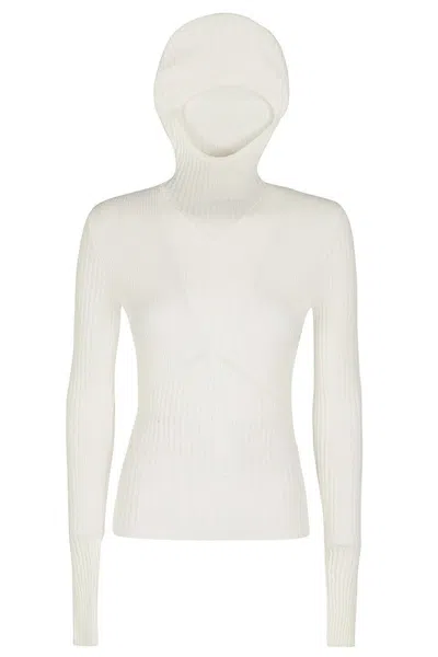 Andreädamo Ivory Ribbed Knit Hoodie Top With High Neckline
