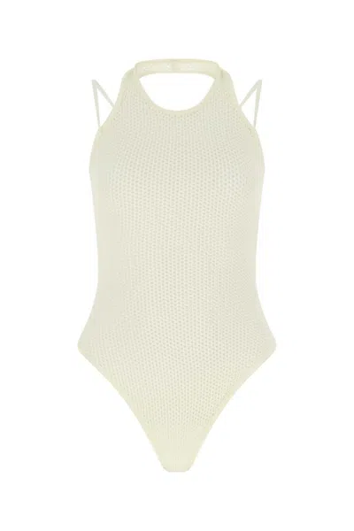 Andreädamo Viscose Blend Halterneck Bodysuit With Mesh Fabric In White