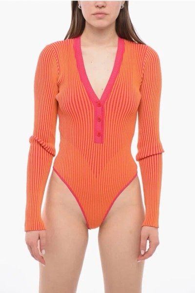 Andreädamo Long Sleeve Ribbed Two-toned Bodysuit In Orange