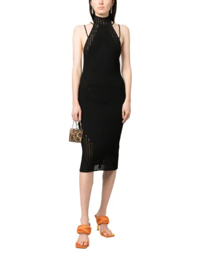 Andreädamo Ribbed Knit Midi Dress With Floating Det In Nero