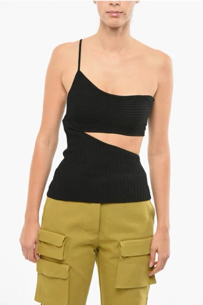 Andreädamo Ribbed Velour Top With Cut-out Detail In Black