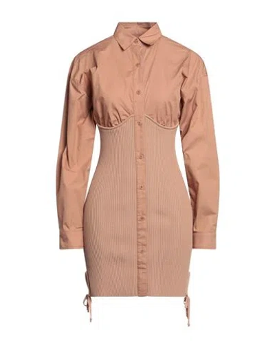 ANDREÄDAMO ANDREĀDAMO WOMAN MINI DRESS LIGHT BROWN SIZE M COTTON, VISCOSE, POLYESTER, POLYAMIDE, ELASTANE