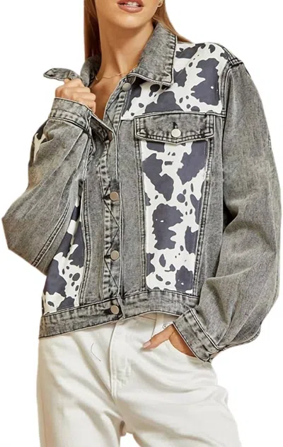 Andree By Unit Abigail Denim Jacket With Cow Print Suede In Black In Grey