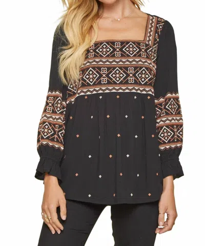 Andree By Unit Aztec Embroidered Babydoll Top In Black