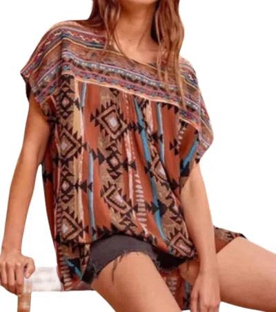 Andree By Unit Aztec Embroidered Top In Brown Multi