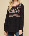 Andree By Unit Babydoll Embroidered Top In Black In Black