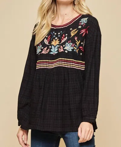 Andree By Unit Babydoll Embroidered Top In Black In Multi