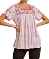 Andree By Unit Babydoll Embroidered Top In Ivory Magenta In Multi