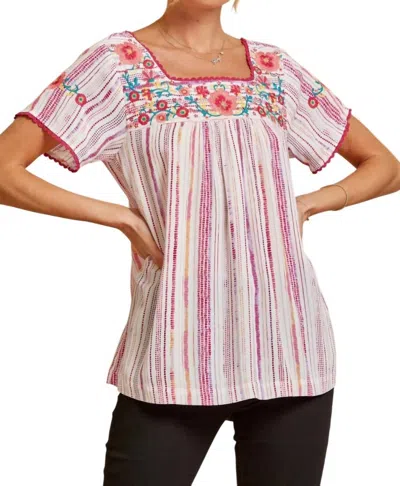 Andree By Unit Babydoll Embroidered Top In Ivory Magenta In Multi