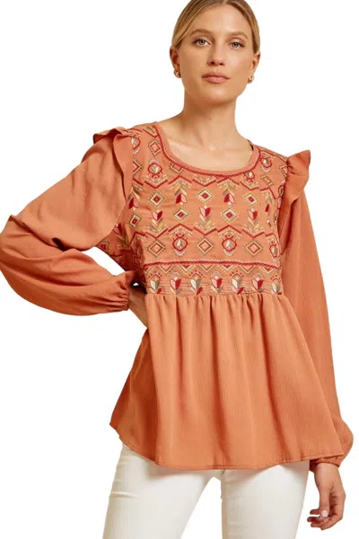Andree By Unit Babydoll Embroidered Top In Rust In Multi