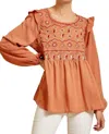Andree By Unit Babydoll Embroidered Top In Rust In Multi