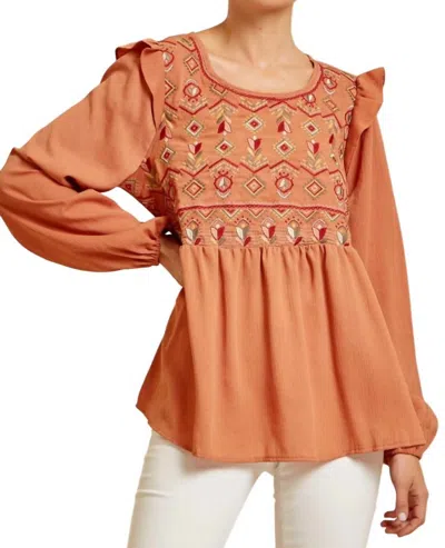 Andree By Unit Babydoll Embroidered Top In Rust In Multi
