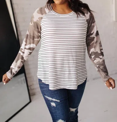 Andree By Unit Camo & Stripes Raglan Top In White
