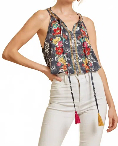 Andree By Unit Desert Bloom Embroidered Tank In Blue/ Black Multi