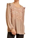 Andree By Unit Embroidered Babydoll Ruffle Top In Mocha In Brown