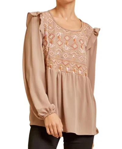 Andree By Unit Embroidered Babydoll Ruffle Top In Mocha In Brown